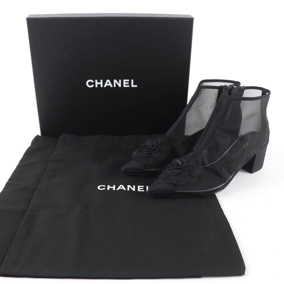 Pristine CHANEL Ankle boots COCO Mark Camellia Mesh Design black 38.5 G34544