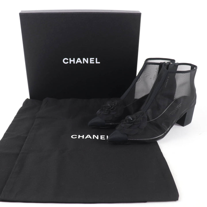 Pristine CHANEL Ankle boots COCO Mark Camellia Mesh Design black 38.5 G34544