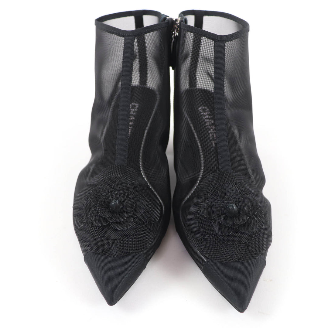 Pristine CHANEL Ankle boots COCO Mark Camellia Mesh Design black 38.5 G34544