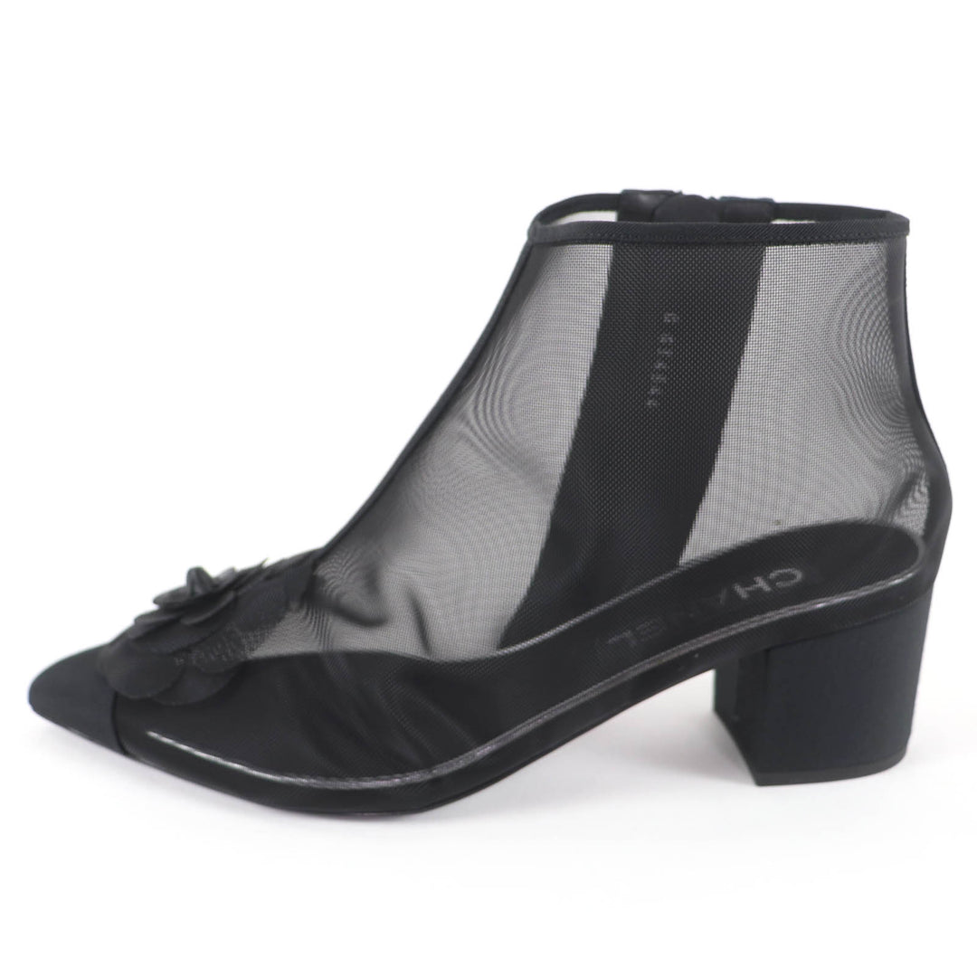 Pristine CHANEL Ankle boots COCO Mark Camellia Mesh Design black 38.5 G34544