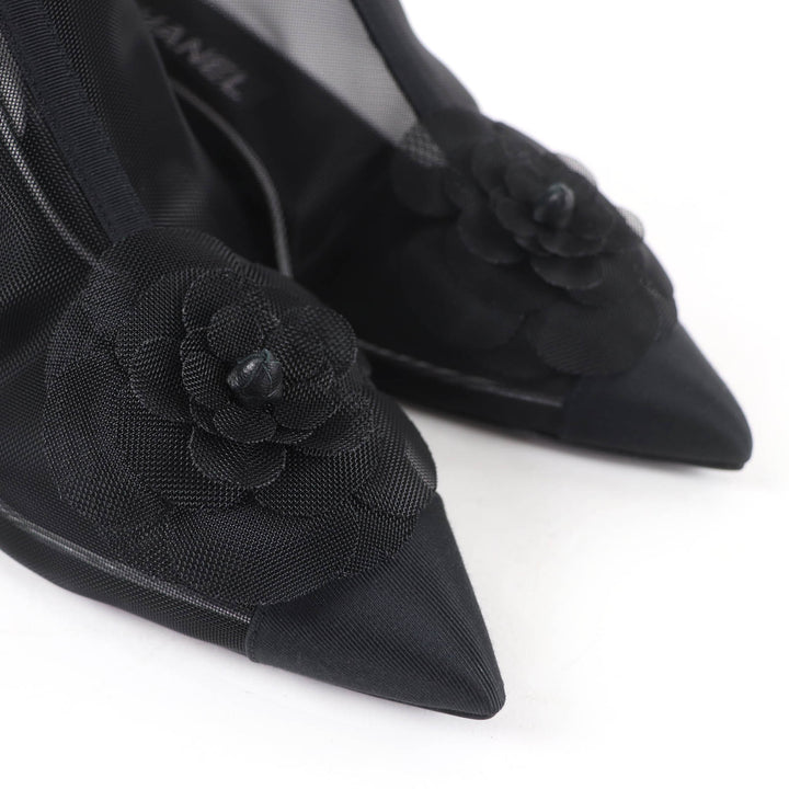 Pristine CHANEL Ankle boots COCO Mark Camellia Mesh Design black 38.5 G34544