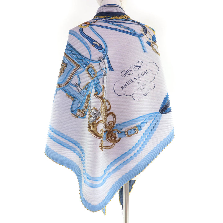 Excellent HERMES scarf BRIDES de GALA Ceremony Bridle Blue cashmere Women