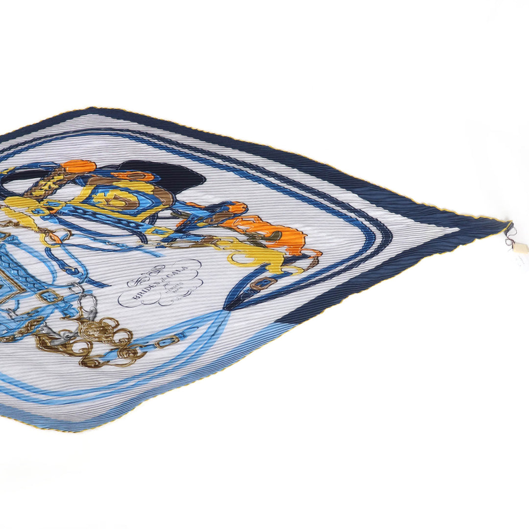 Excellent HERMES scarf BRIDES de GALA Ceremony Bridle Blue cashmere Women