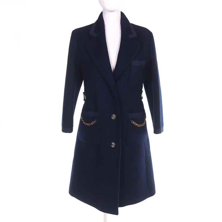 Pristine GUCCI coat GGChain Buttoned Padded Wool Long Jacket Navy wool Women 38