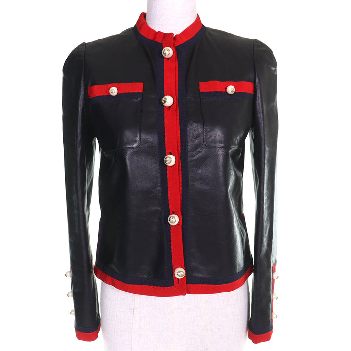 Excellent GUCCI leather jacket Collarless dress with GG pearl buttons black 36