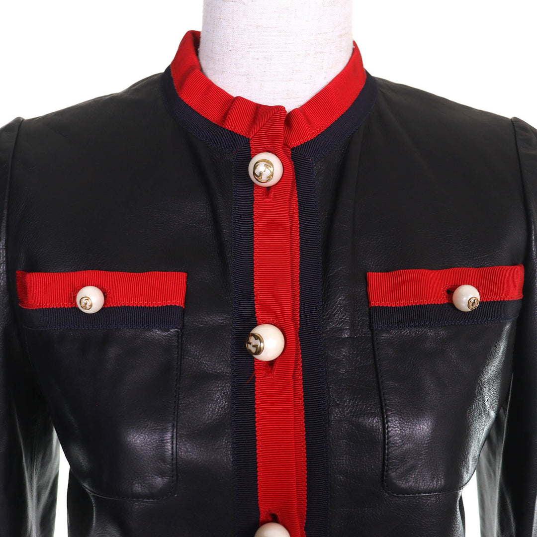 Excellent GUCCI leather jacket Collarless dress with GG pearl buttons black 36