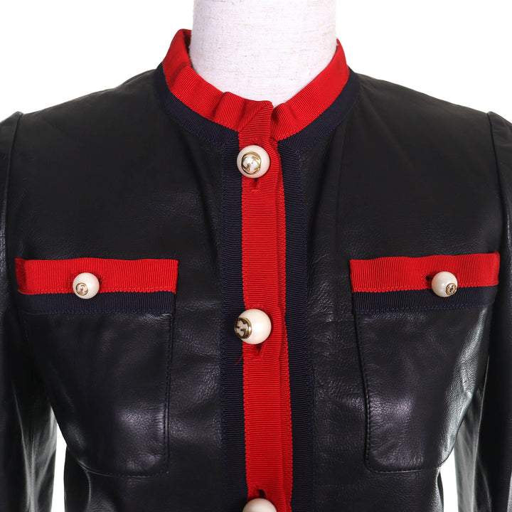 Excellent GUCCI leather jacket Collarless dress with GG pearl buttons black 36