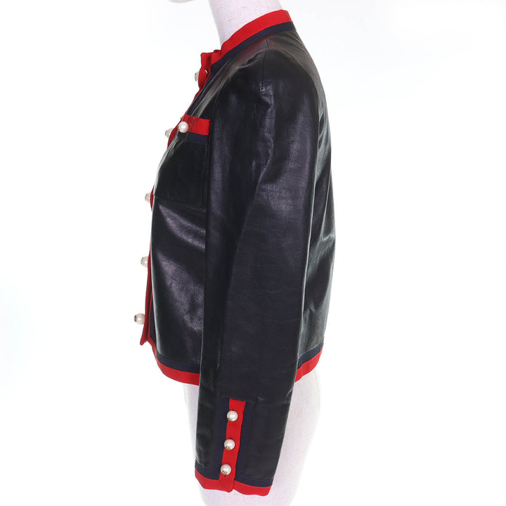 Excellent GUCCI leather jacket Collarless dress with GG pearl buttons black 36