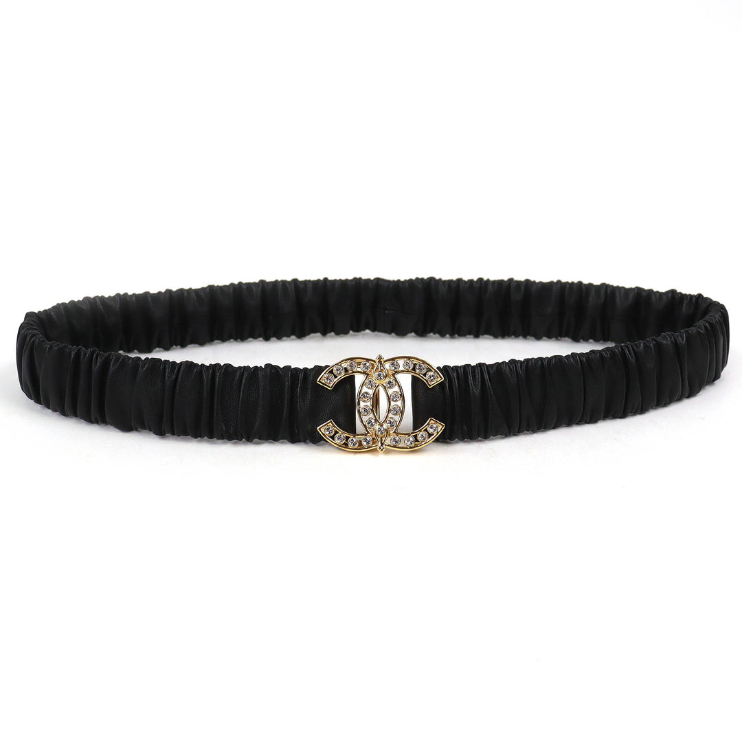 Great CHANEL belt COCO Mark Rhinestone Leather Rubber black leather Women L23A