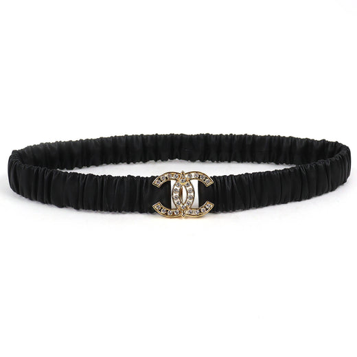 Great CHANEL belt COCO Mark Rhinestone Leather Rubber black leather Women L23A