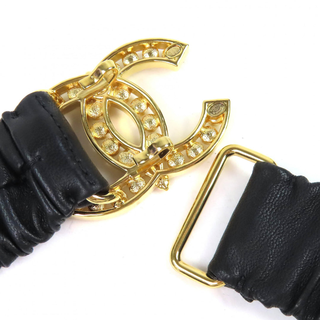 Great CHANEL belt COCO Mark Rhinestone Leather Rubber black leather Women L23A