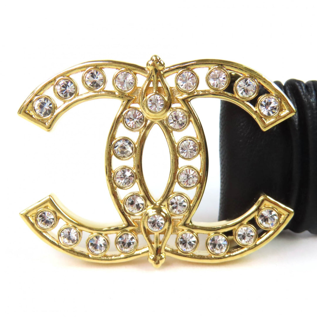 Great CHANEL belt COCO Mark Rhinestone Leather Rubber black leather Women L23A