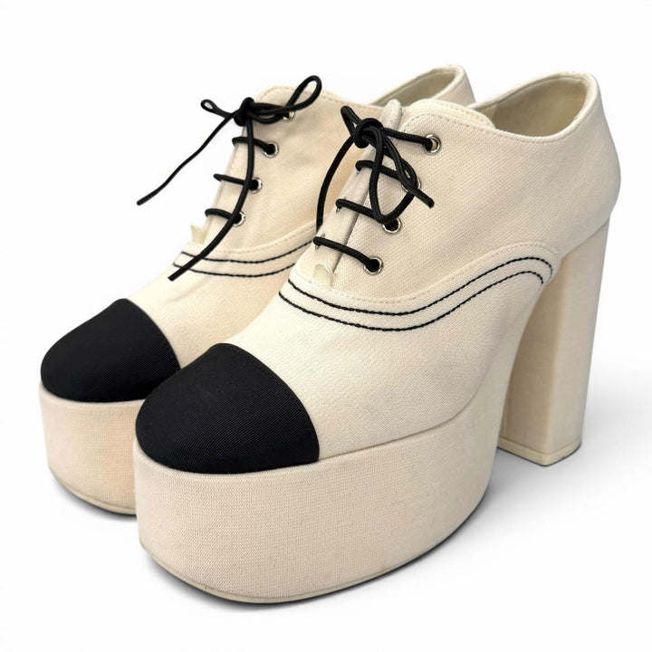 Great CHANEL pumps Rhinestone COCO Mark Lace-up Shoes beige Women 36.5