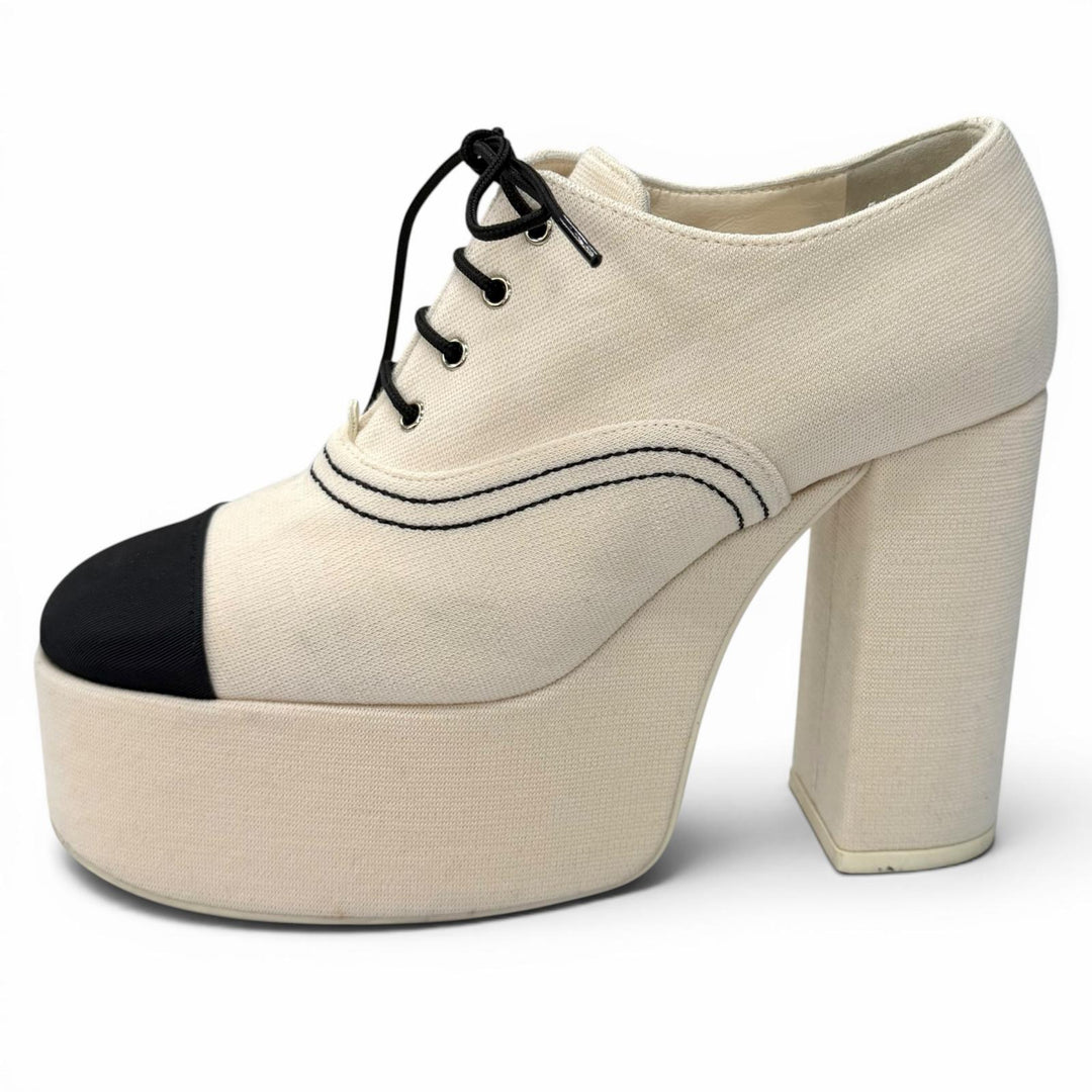 Great CHANEL pumps Rhinestone COCO Mark Lace-up Shoes beige Women 36.5