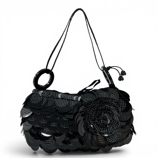 Great JAMIN PUECH Handbag Flower motif sequin decoration black cotton Women