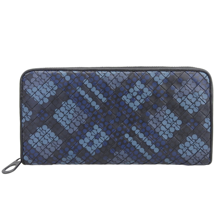 Great BOTTEGAVENETA Purse INTRECCIATO Round Zip Long Wallet Navy leather mens