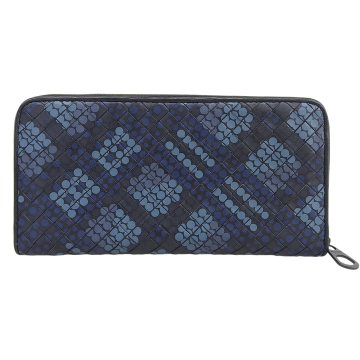 Great BOTTEGAVENETA Purse INTRECCIATO Round Zip Long Wallet Navy leather mens