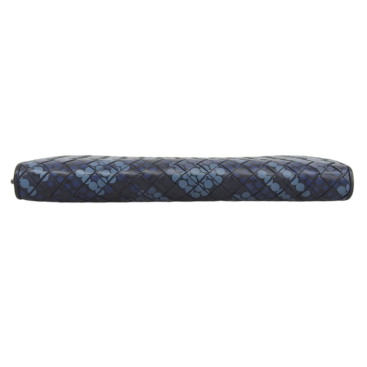 Great BOTTEGAVENETA Purse INTRECCIATO Round Zip Long Wallet Navy leather mens