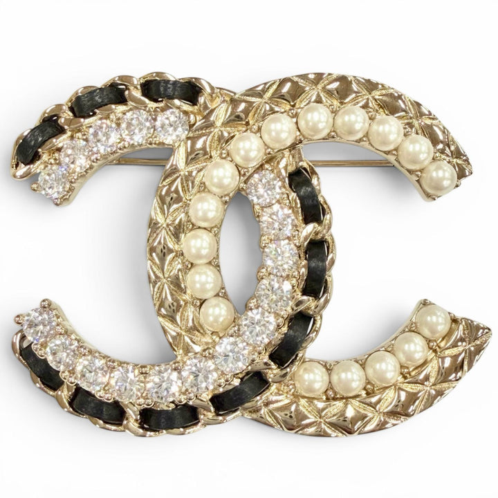 Excellent CHANEL Brooch COCO Mark Leather Rhinestone Women B23V AB8609