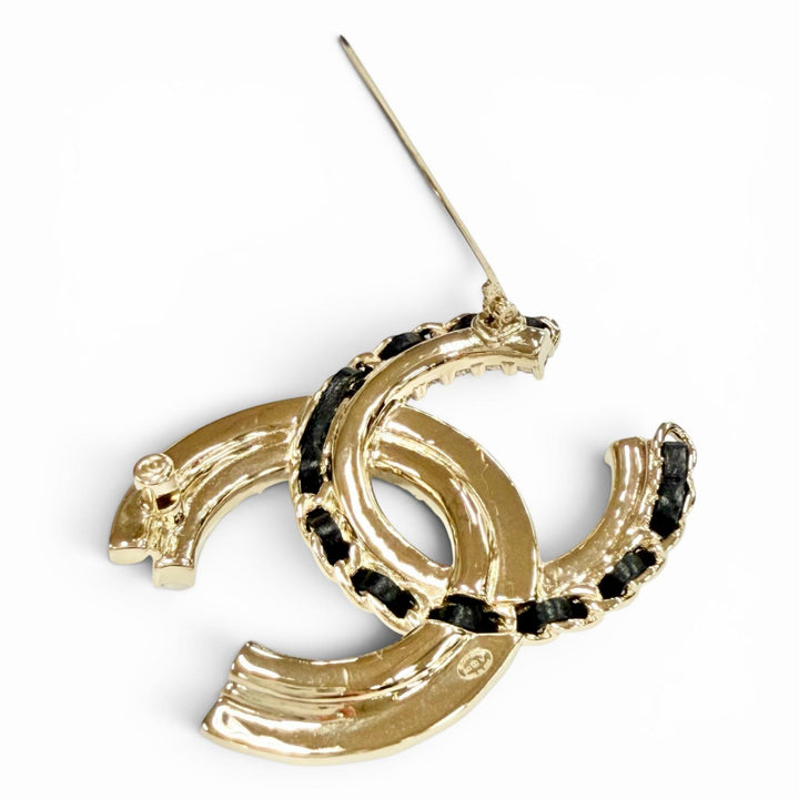 Excellent CHANEL Brooch COCO Mark Leather Rhinestone Women B23V AB8609