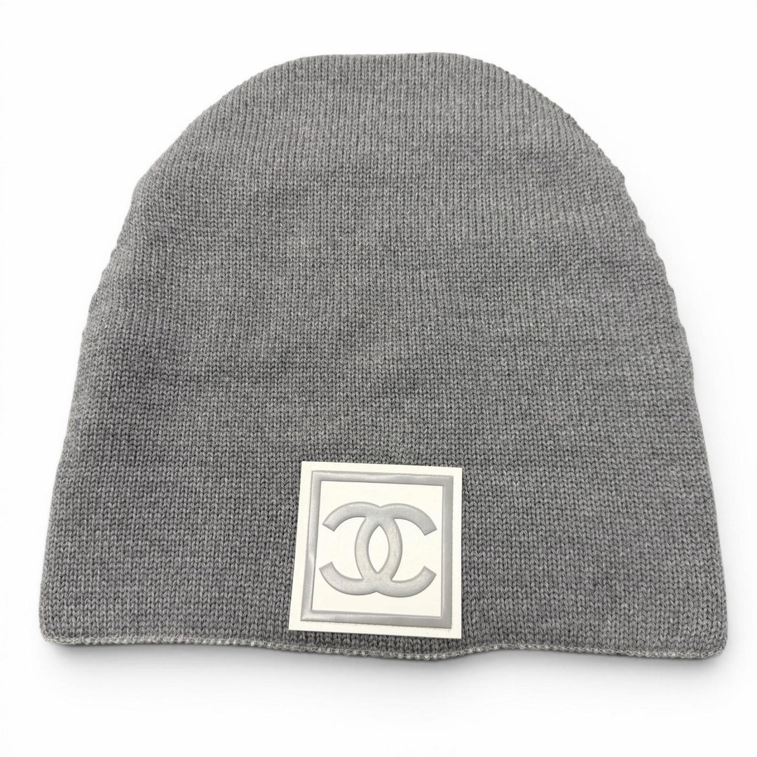 Great CHANEL Knit cap COCO Mark Hat Beanie gray wool mens