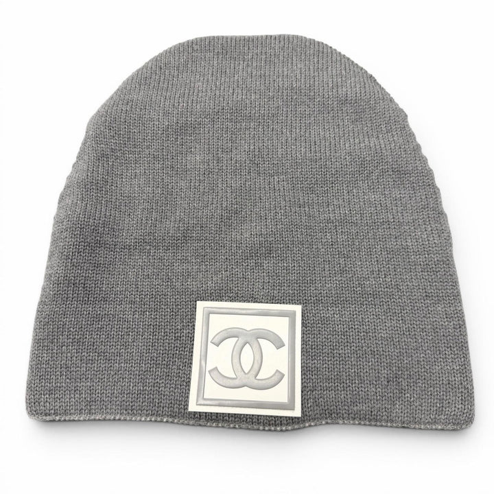Great CHANEL Knit cap COCO Mark Hat Beanie gray wool mens