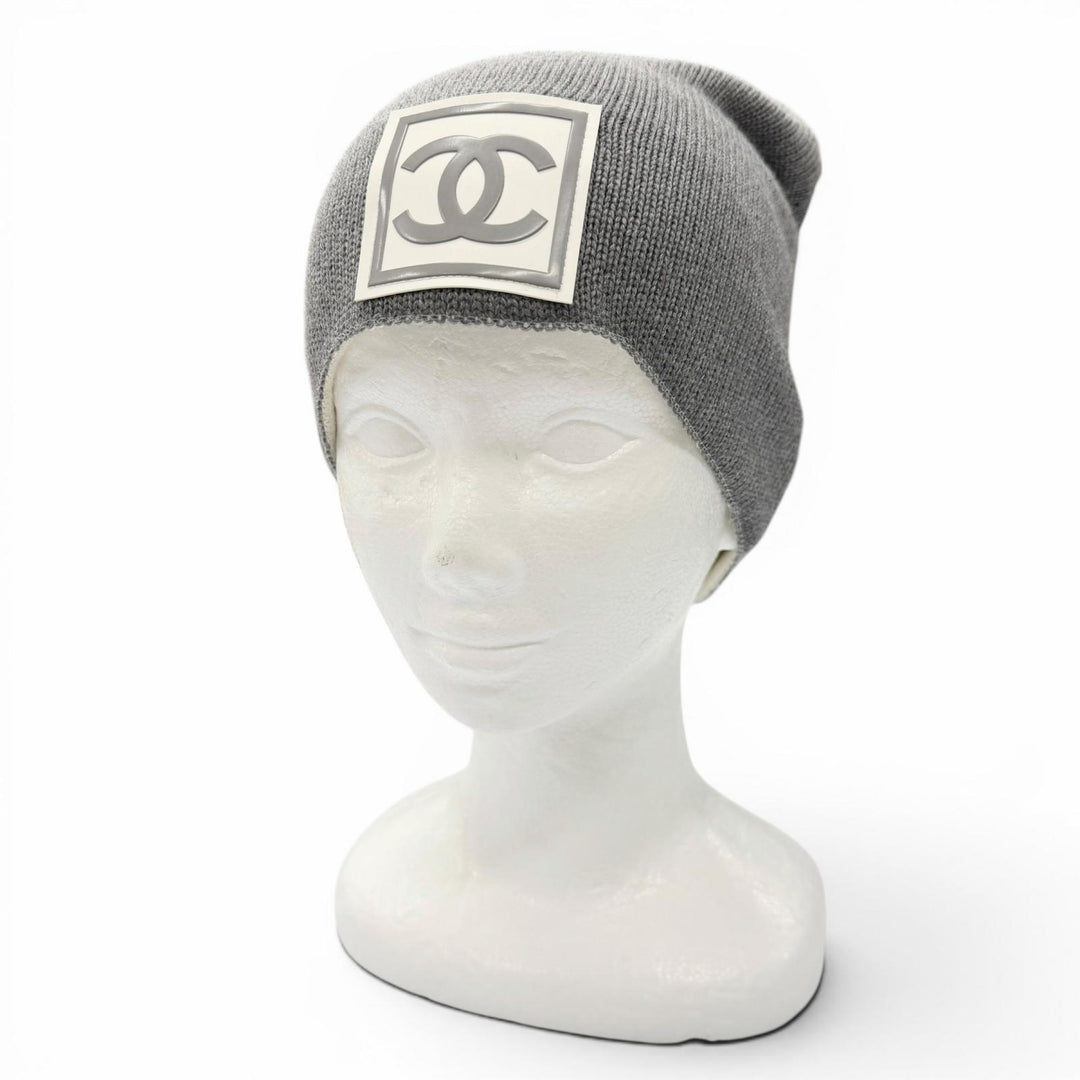 Great CHANEL Knit cap COCO Mark Hat Beanie gray wool mens