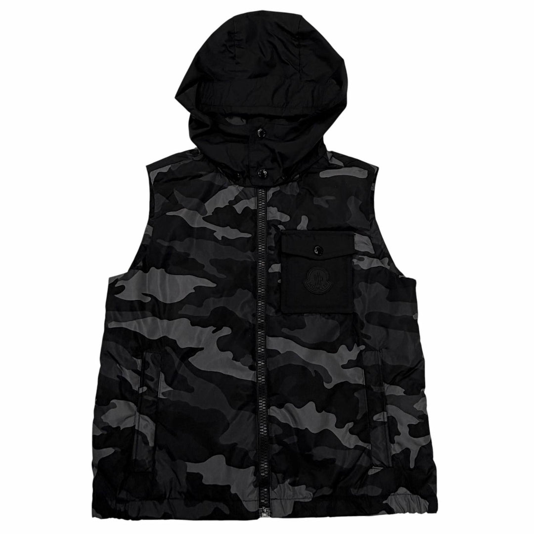 Pristine MONCLER Down vest DRUMS GILET Logo patch, camouflage pattern Kids