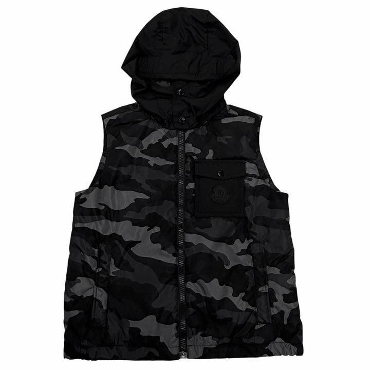 Pristine MONCLER Down vest DRUMS GILET Logo patch, camouflage pattern Kids