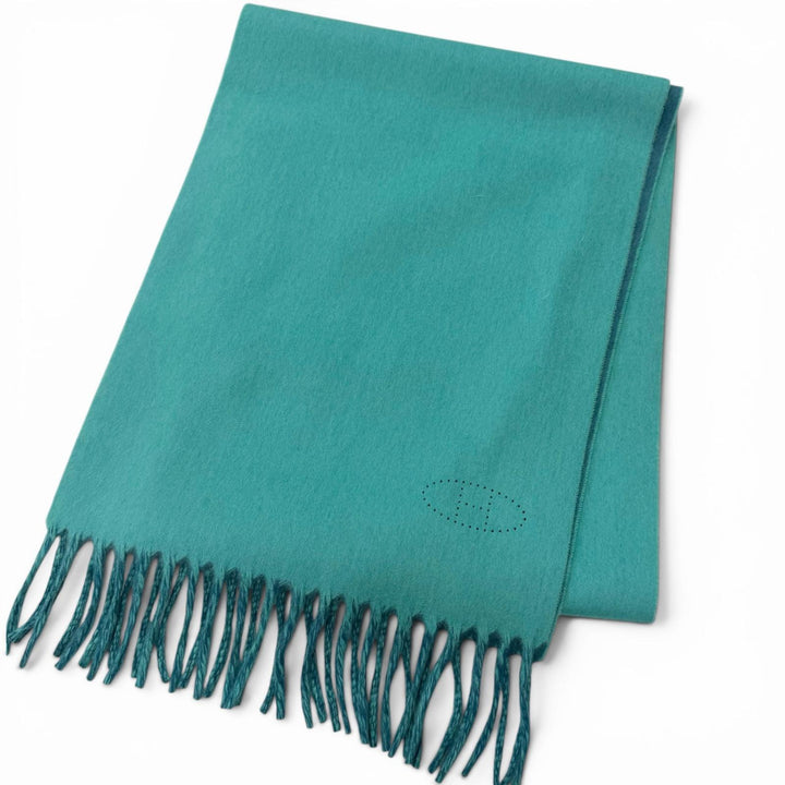 Excellent HERMES Scarf Perforated H logo fringe turquoise blue cashmere mens