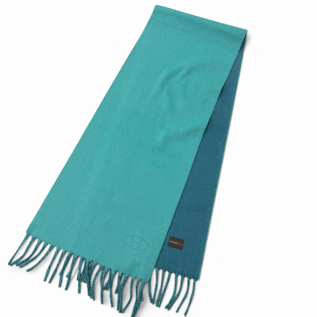 Excellent HERMES Scarf Perforated H logo fringe turquoise blue cashmere mens
