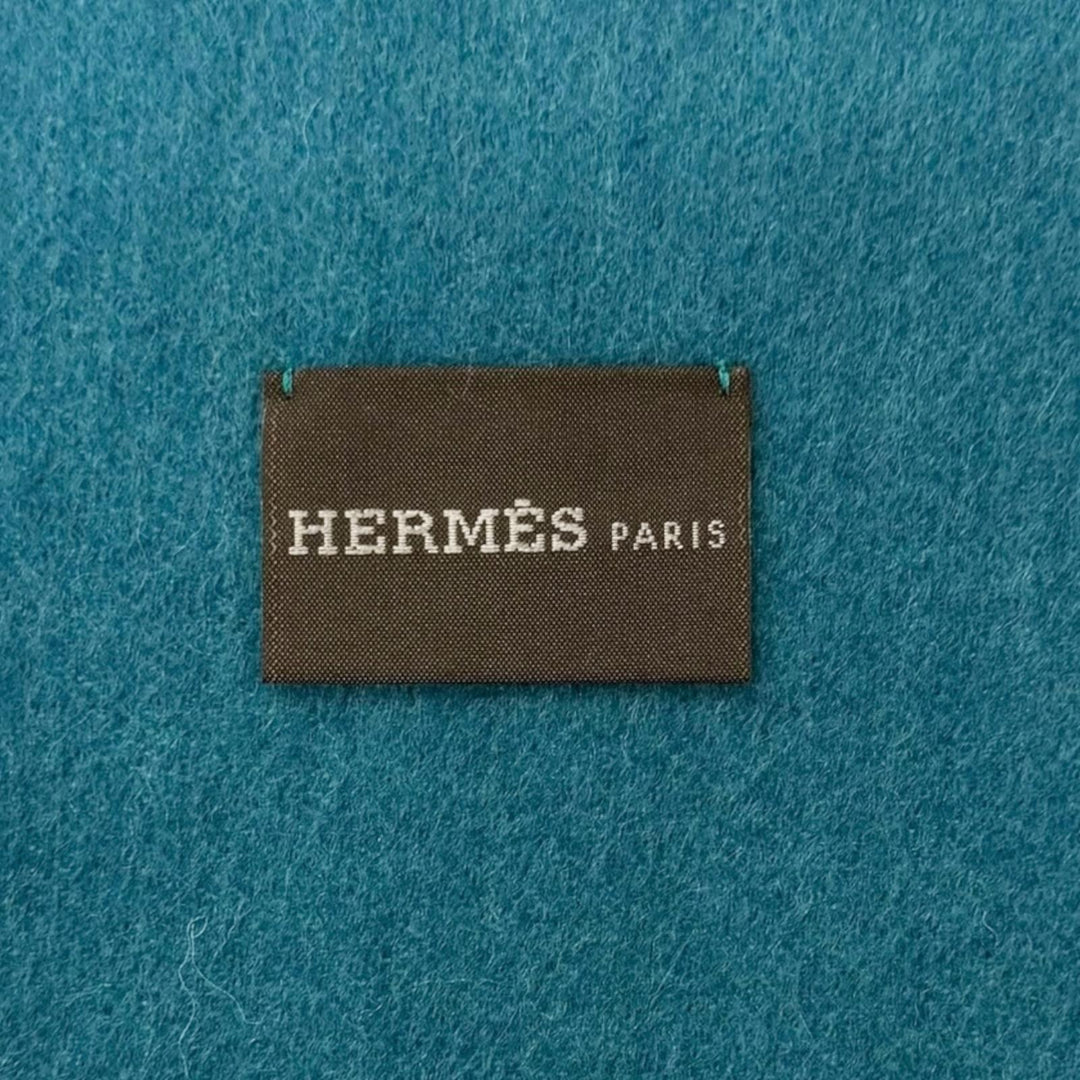 Excellent HERMES Scarf Perforated H logo fringe turquoise blue cashmere mens