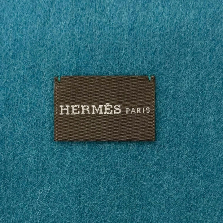 Excellent HERMES Scarf Perforated H logo fringe turquoise blue cashmere mens