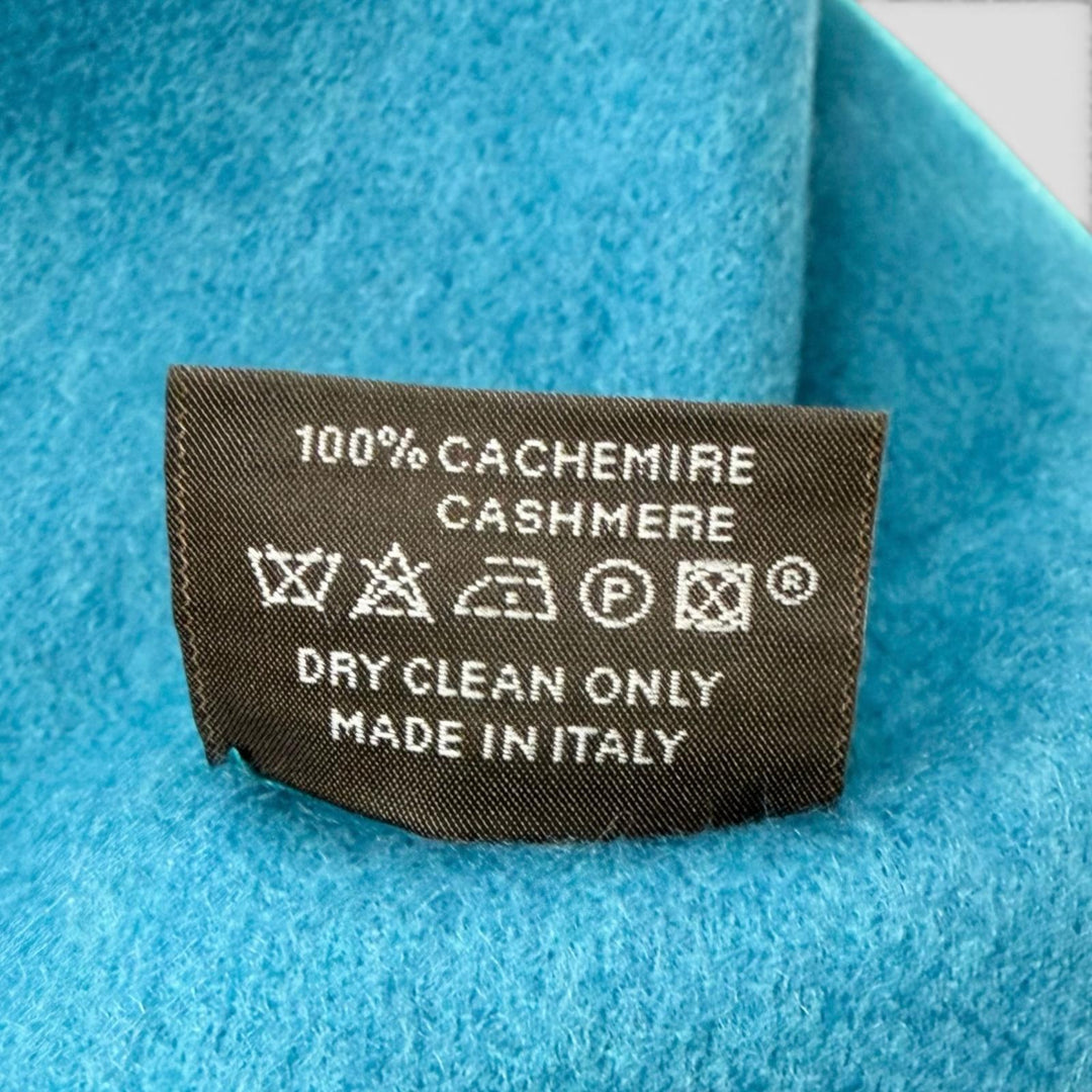 Excellent HERMES Scarf Perforated H logo fringe turquoise blue cashmere mens