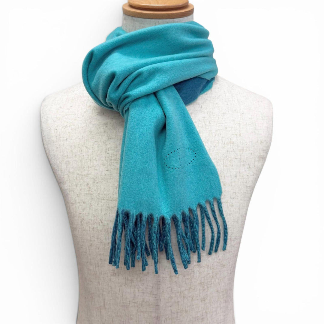 Excellent HERMES Scarf Perforated H logo fringe turquoise blue cashmere mens