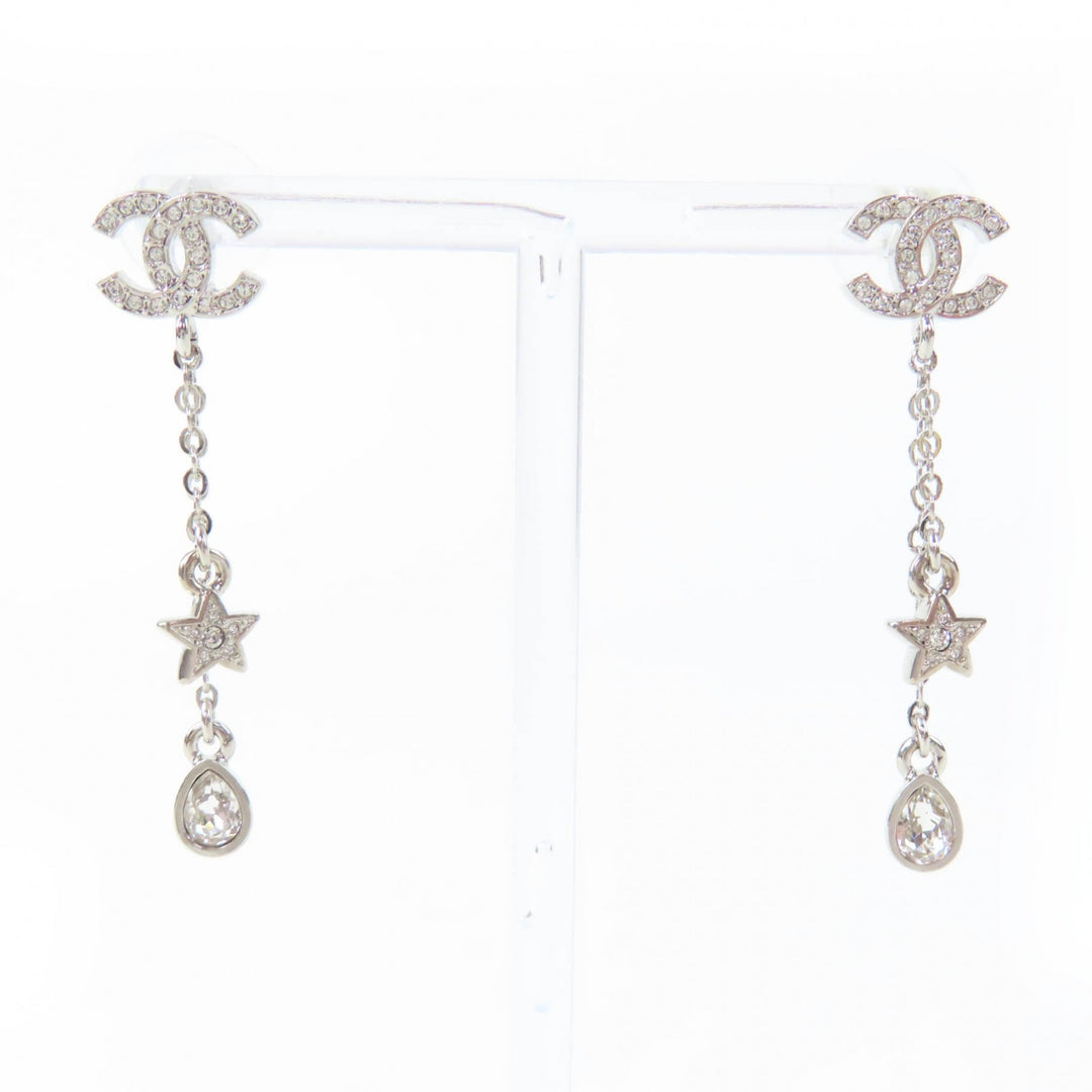 Excellent CHANEL Pierce COCO Mark Star Rhinestone Silver Women C26C