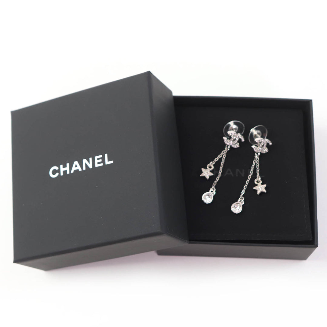 Excellent CHANEL Pierce COCO Mark Star Rhinestone Silver Women C26C