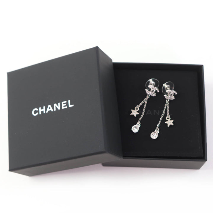 Excellent CHANEL Pierce COCO Mark Star Rhinestone Silver Women C26C