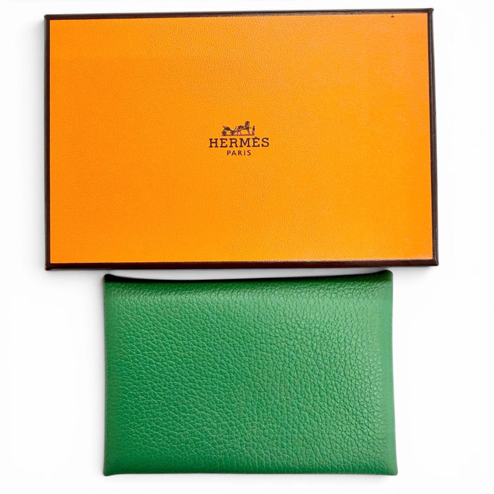 Excellent HERMES Card Case Calvi name card holder green Epsom Leather Women