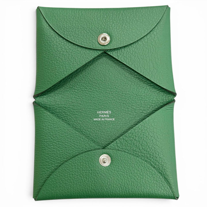 Excellent HERMES Card Case Calvi name card holder green Epsom Leather Women