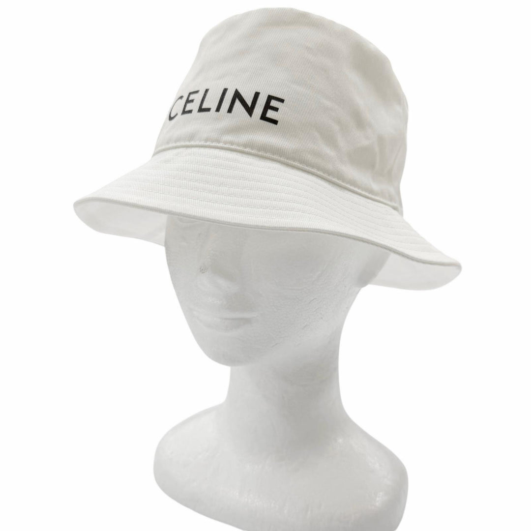Excellent CELINE hat Logo print bucket hat white cotton mens