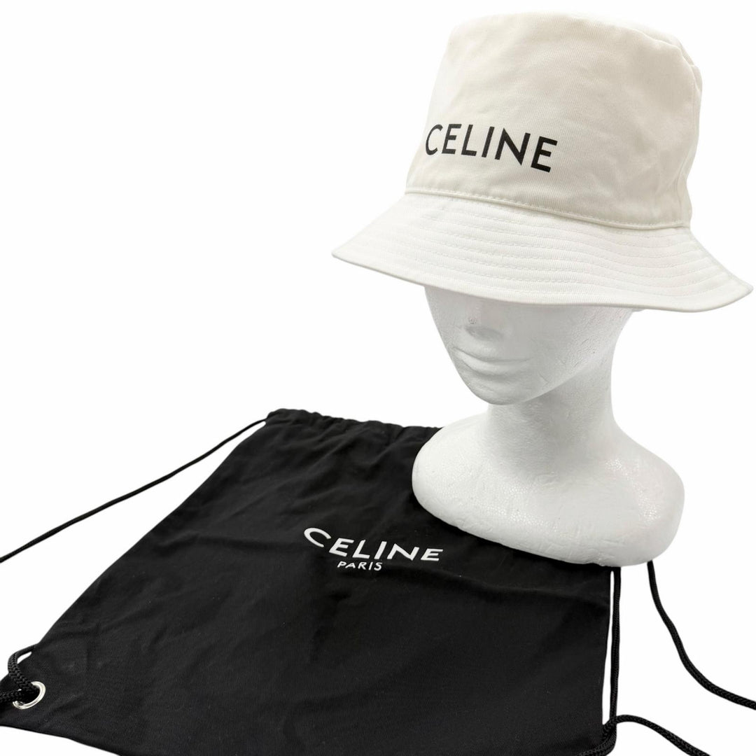 Excellent CELINE hat Logo print bucket hat white cotton mens