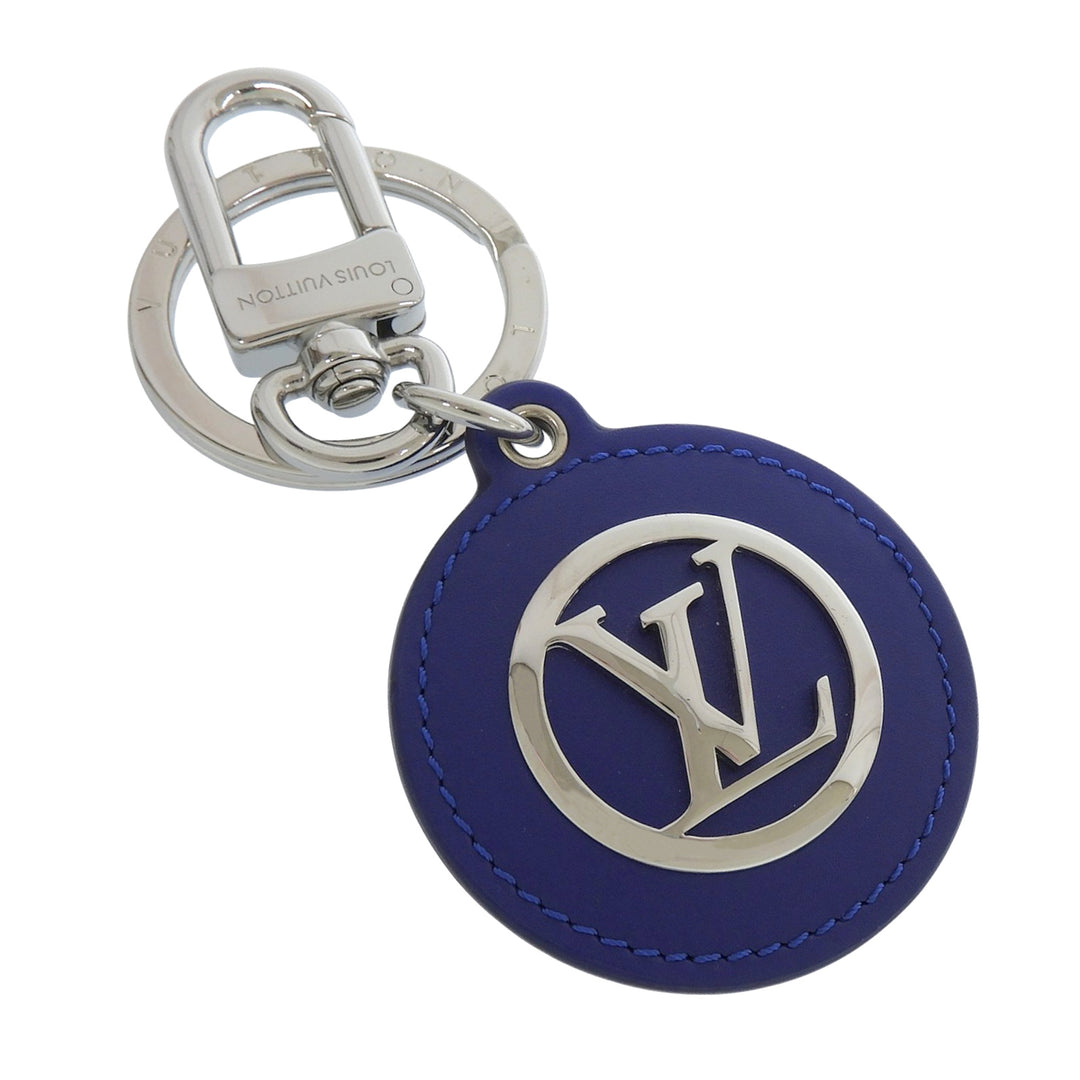 Excellent LOUIS VUITTON key ring Porte Cle LV Padded Circle blue leather M00744