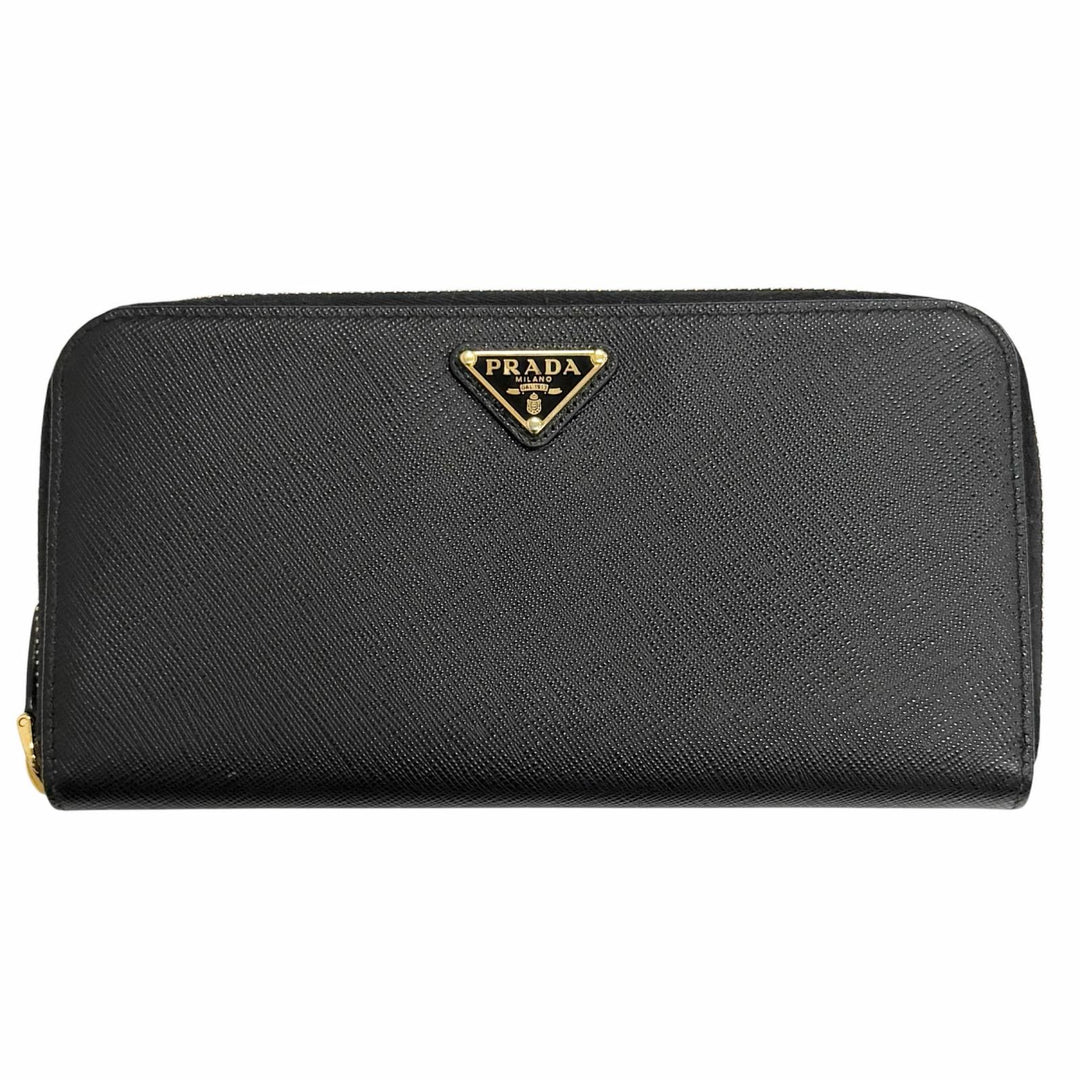 Great PRADA Triangle Logo Zip Around Long Wallet black Safiano leather 1ML506
