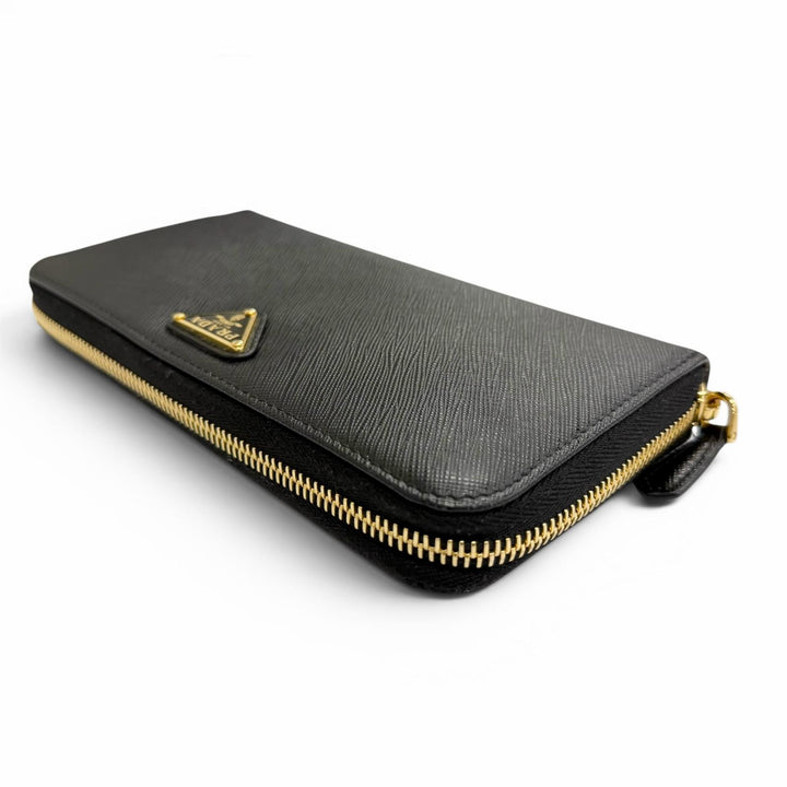 Great PRADA Triangle Logo Zip Around Long Wallet black Safiano leather 1ML506
