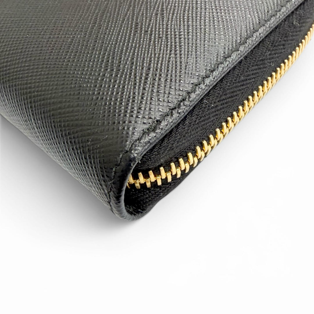 Great PRADA Triangle Logo Zip Around Long Wallet black Safiano leather 1ML506