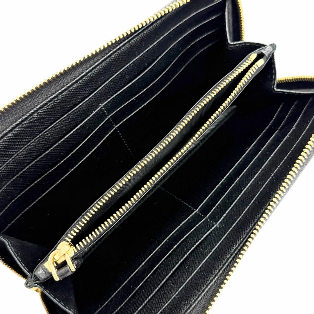 Great PRADA Triangle Logo Zip Around Long Wallet black Safiano leather 1ML506