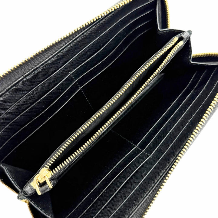 Great PRADA Triangle Logo Zip Around Long Wallet black Safiano leather 1ML506