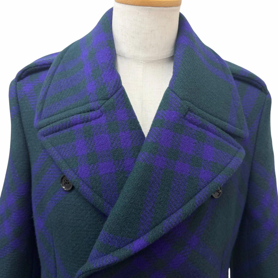 Excellent BURBERRY Chester coat Check Pattern Double Breasted green wool