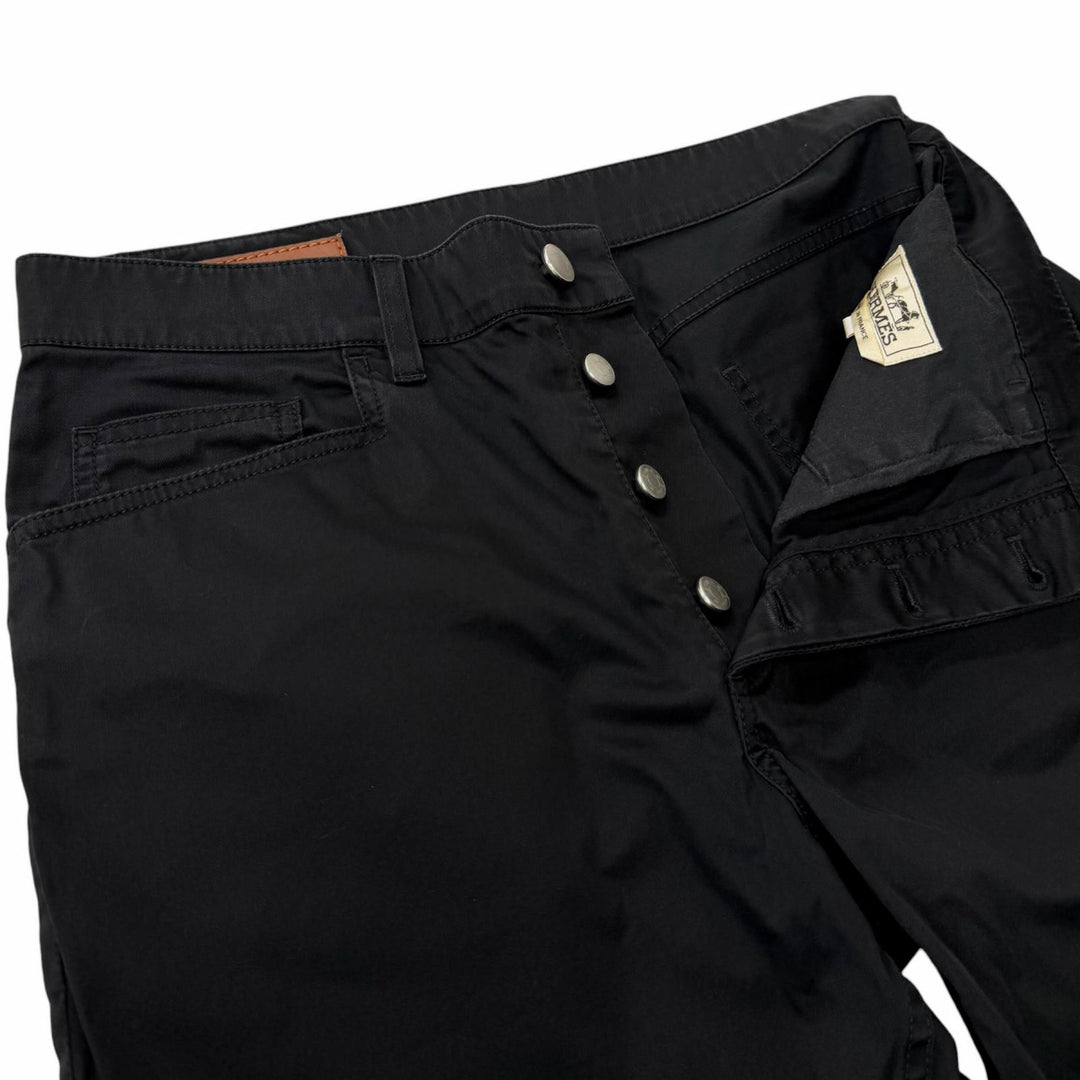 Discounted Very Good HERMES Pants Serie button logo leather patch black cotton mens 40